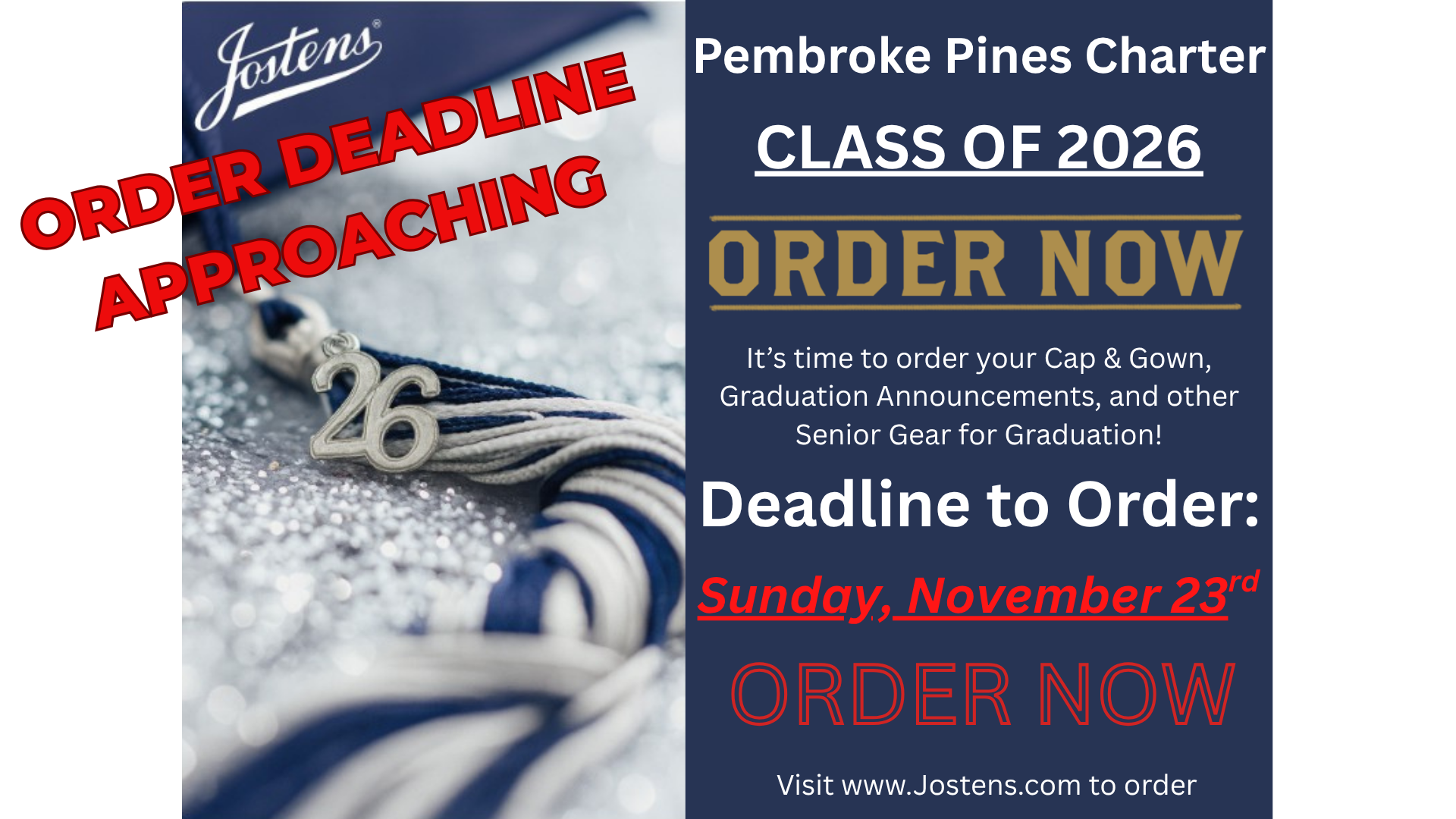 Flyer for Jostens to order cap and gown, grad announcements etc